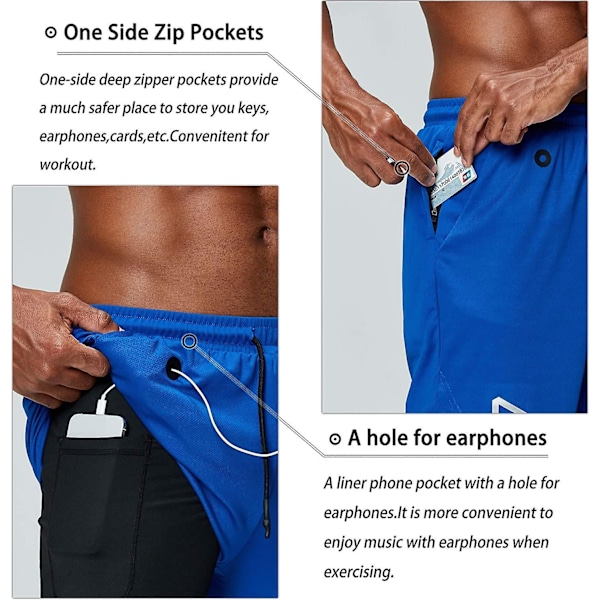 2 i 1 löparshorts med telefonficka Gym Workout Snabbtorka herrshorts 5 tum Blue Blue XX-Large
