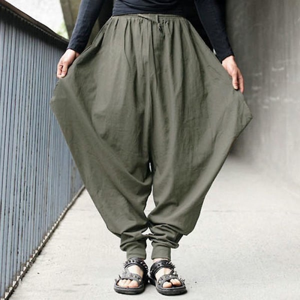 Men's Solid Elastic Drawstring Loose Pants Army Green XL