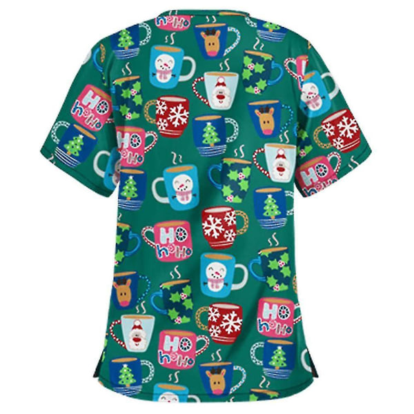 Jul Kvinner pleieuniform Scrub Kortermet T-skjorte Xmas Bluse T-skjorter CMK Cups Green XL