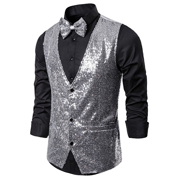 Herrar Glittrande Sekvensväst V-ringad Regular Fit Festklänning Kostym Väst Fluga 2 Delar silver silver XL
