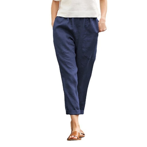 Women Ladies Baggy Harem Pants Summer Holiday Solid Cropped Trousers With Pockets CMK Navy Blue M