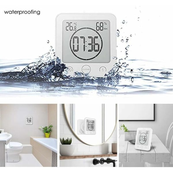 Kylpyhuoneen kelloajastin vedenpitävä kylpyhuoneen lämpömittari Kosteusmittari Kylpyhuoneen meikkikeittiö (valkoinen)