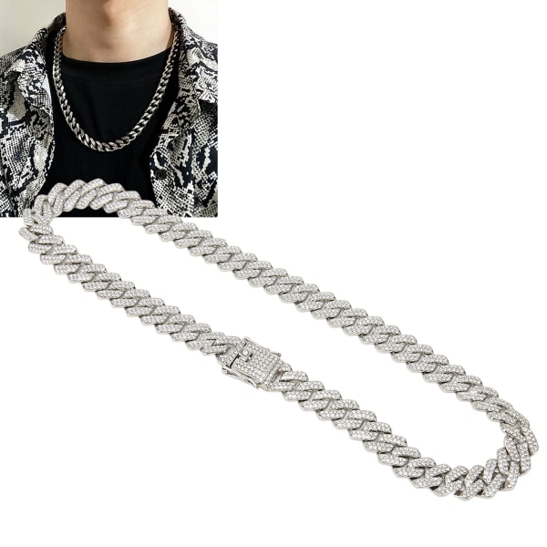 19.7in Halskæde Rhombus Full Rhinestones Cool Dobbeltlags Kæde Halskæde til Mænd Kvinder Sølv