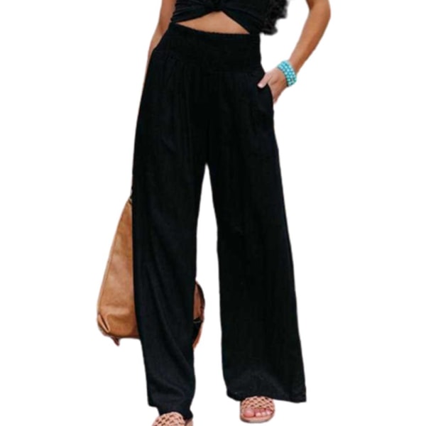 Ladies Elastic Waist Casual Straight Pants Black XL