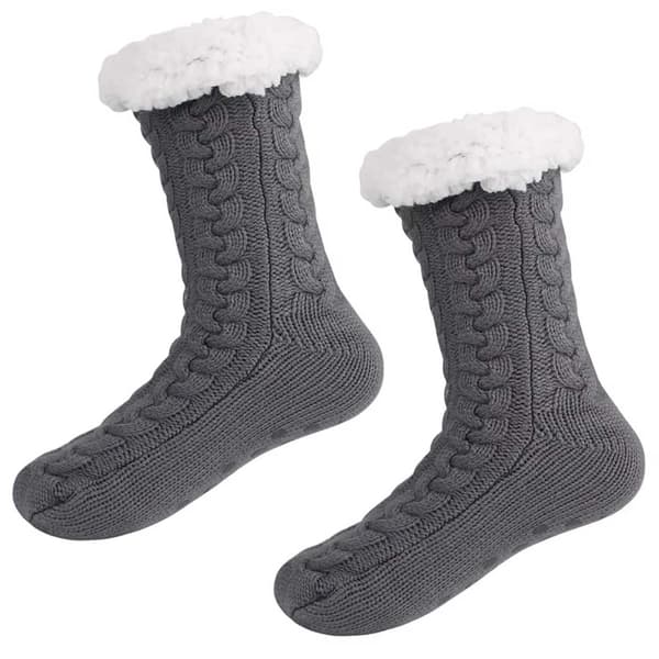 Lurviga Varma Stickade Sockor Tofflor med Halkskydd grå gray one size
