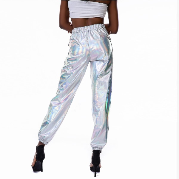 Damemote Holographic Streetwear Club Cool Shiny Causal Pants CMK White XL