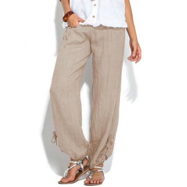 Women Casual High Waist Solid Color Button Yoga Harem Pants CMK Beige M