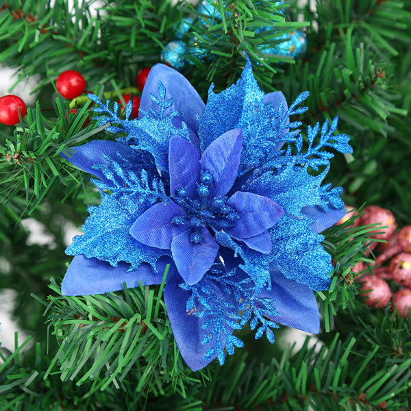Kunstige juleblomster Dekorasjoner Glitter Juleblomster Julevalg Trekranser Nyttårs bryllupsfestpynt (kongeblå)
