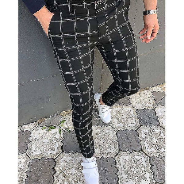 Men Check Plaid Chino Work Pants Casual Business Formal Skinny Slim Fit Smart Trousers CMK Black S