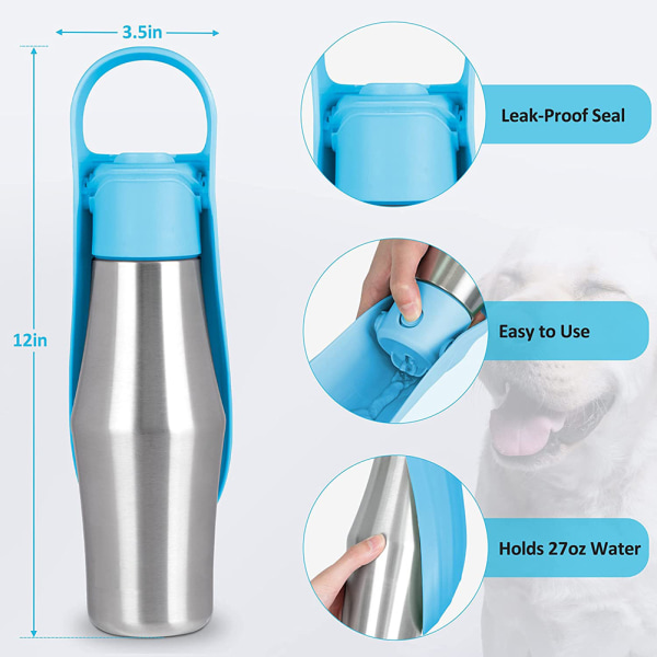 Hundevandflaske i rustfrit stål Bærbar kæledyrsvanddispenser med sammenklappelig skål til udendørs brug Dark Blue