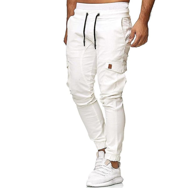 Men Drawstring Cargo Pants Multi Pockets Sports Combat Slim Fit Casual Work Cuffed Trousers CMK White L