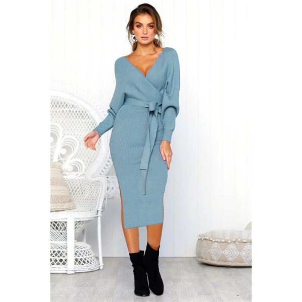 Autumn and winter sexy V-neck tie long-sleeved women's dress light blue 3XL