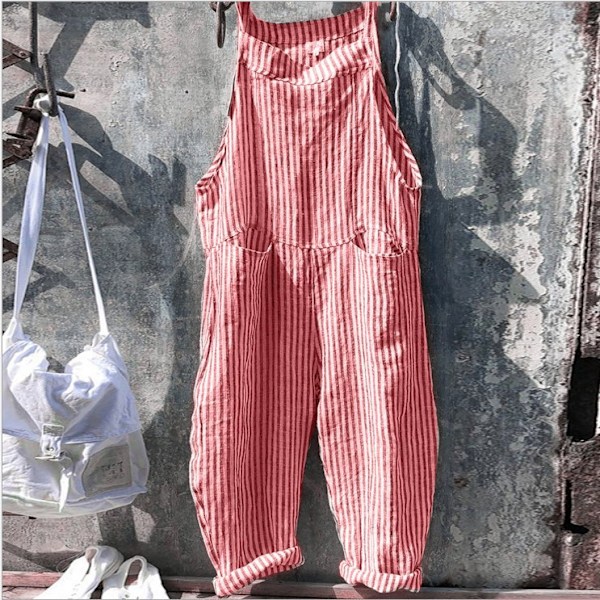 Dame Bomuld Linned Stribet Jumpsuit Dungarees Playsuit Overal rød red M