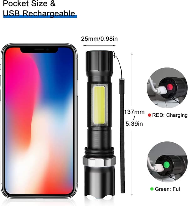 LED-taskulamppu, taskulamppu LED latautuva 600 LM, 3 tilaa USB-lataus minitaskulamppu vedenkestävä IPX5