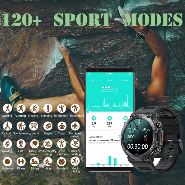 Smart Watch 1,39 tum helskärms taktisk watch Robust för Android-telefon iPhone-kompatibel Fitness Tracker Puls Sömnmätare Stegräknare