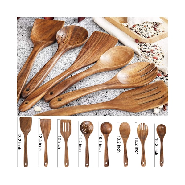 Tresleiv for matlaging, Non-stick kjøkkenredskapssett, Tresleiv for matlaging, Ikke-ripende naturlige teaktreredskaper for matlaging (Teak 8
