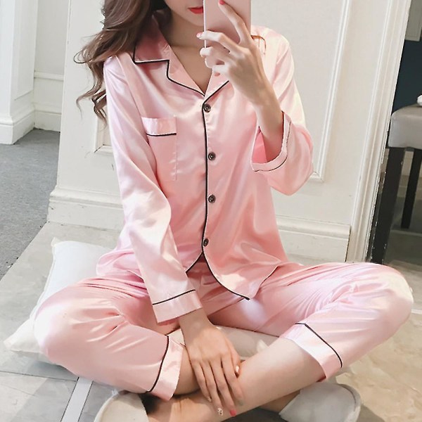 Women Satin Silk Look Sleepwear Pyjamas Long Sleeve Nightwear Set K Pink 2XL