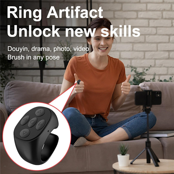 Trådlös Bluetooth-ring för fingertoppsrulning, fjärrkontroll för telefonapp, sidvändare Black