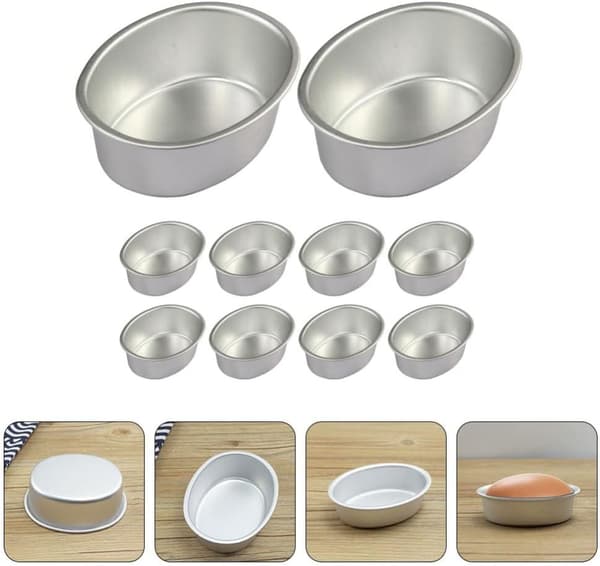 10 st Mini Oval Äggformade Aluminiumlegering Metall Ostkakaformar Brödformar Tårtfat Pudding Geléburkar DIY Bageri