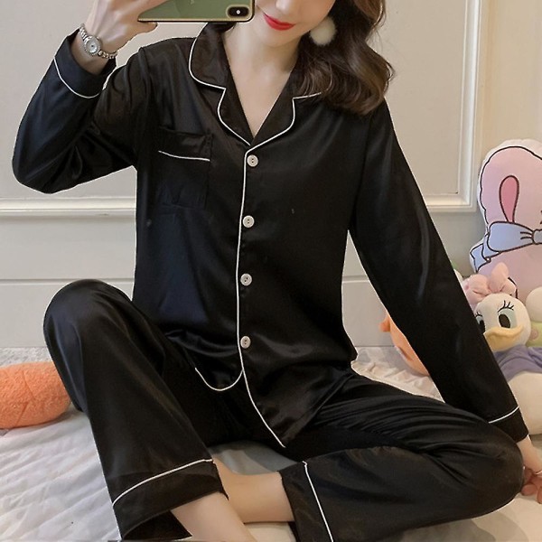 Women Satin Silk Look Sleepwear Pyjamas Long Sleeve Nightwear Set K Black 2XL