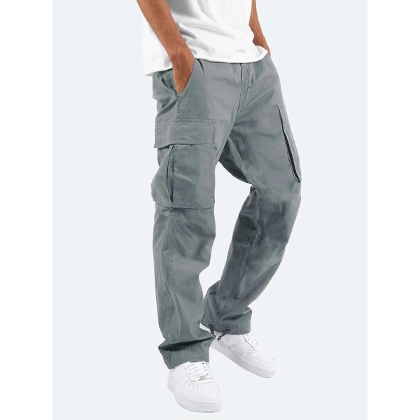 Men Comfy Workwear Cotton Linen Multi-pocket Casual Loose Baggy Long Cargo Pants CMK Grey 3XL