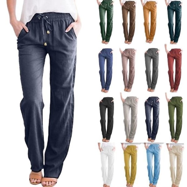 Women's Cotton Linen Pants Drawstring Elastic Waist Side Pockets High Pants CMK black XL