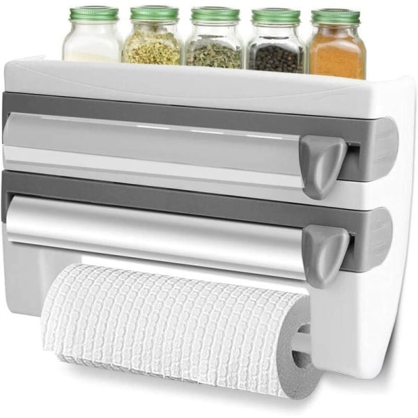 Dispenser for aluminiumsfolie og matfilm, papirrullholder med skarpe blader og oppbevaringsstativ, for kjøkkenbad 15,35 x 3,94 x 9,45 tommer