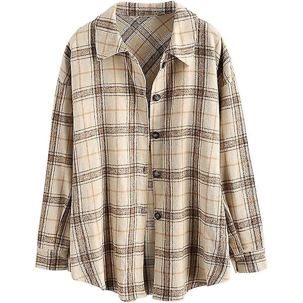 Rutete langermet skjorte dame Button Down ullblanding tynn jakke Casual blusetopper med lomme Coffee Coffee M