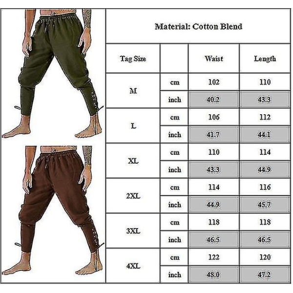 Mænd ankelbåndede bukser Vintage stil middelalderlig Viking Navigator Pirat kostumebukser Xinda CMK Army Green 2XL