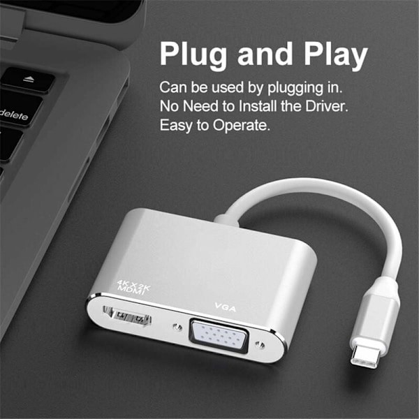 USB C - HDMI VGA -sovitin, 2 in 1 Type C - HDMI 4K, VGA 1080P yhteensopiva MacBook Pro/Air 2020 2019, iPad Pro, Surface, harmaa