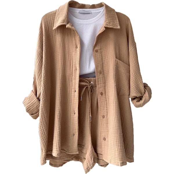 Skrynklig krage för kvinnor, långärmad skjorta, shorts med dragsko med hög midja, moderiktigt casual set i två delar khaki L khaki l
