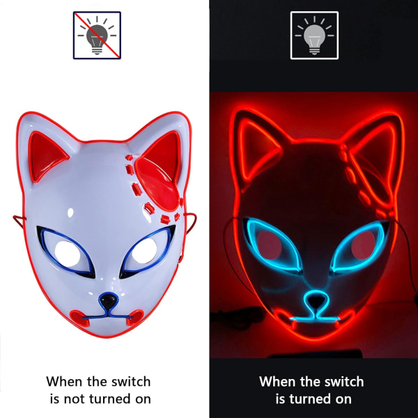 SINSEN Demon Slayer Fox Mask LED Cosplay Cat Mask Japansk Anime Halloween kostyme rekvisitter for barn Voksne Red