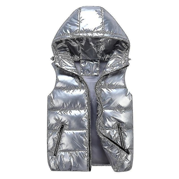 Unisex skinnende polstret vest med hette stativ krage vest for menn og kvinner Sztlv CMK Silver XXL