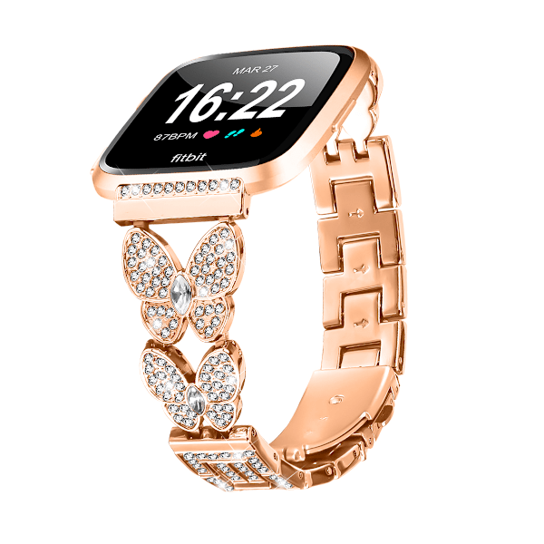 Roséguld Dubbel Fjärilsspänne Diamant Inlagt Klockarmband för Fitbit Versa
