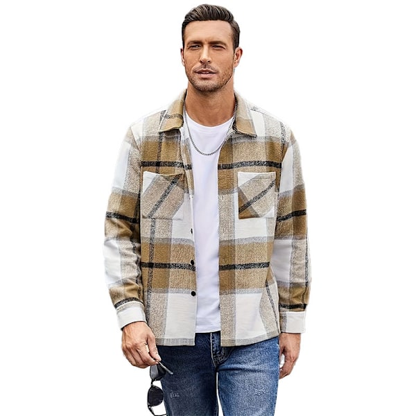 Herre Flanellskjorte Casual Knap-Down Ternet Skjorte Jakke khaki khaki L