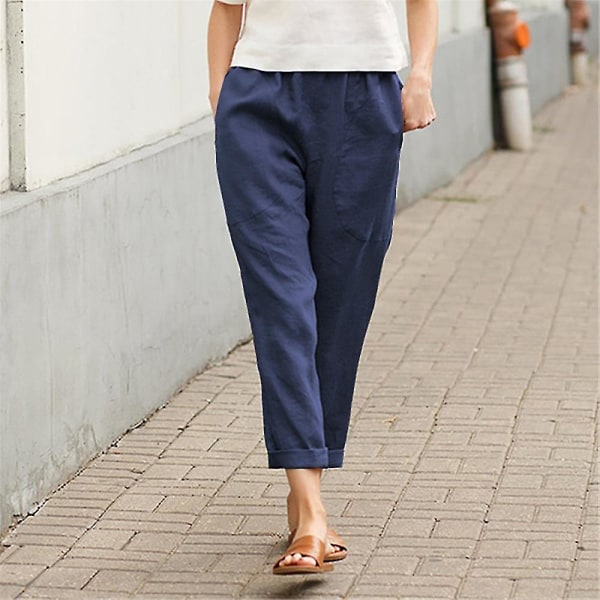 Women Ladies Baggy Harem Pants Summer Holiday Solid Cropped Trousers With Pockets CMK Navy Blue 2XL