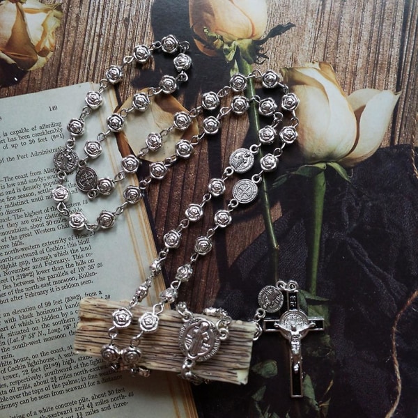 Rosary Catholic Necklace Lady Girl Silver Rose Metal Prayer Rosary Chain CMK