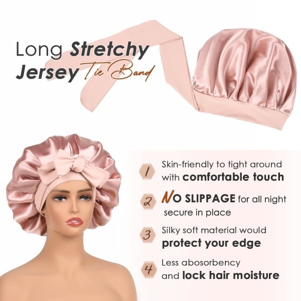 Satiinihattu Silkkipäällysteinen Unihattu Kaksoiskerroksinen Satiini Vuorattu Hiushuivi Nauhoilla Naisille Luonnollisille Kiharille Hiuksille Vaaleanpunainen pink
