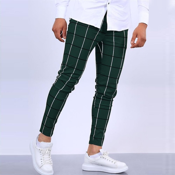 Men's Plaid Casual Chinos Work Pants Slim Fit Skinny Business Formal Trousers Pants CMK Dark Green 2XL