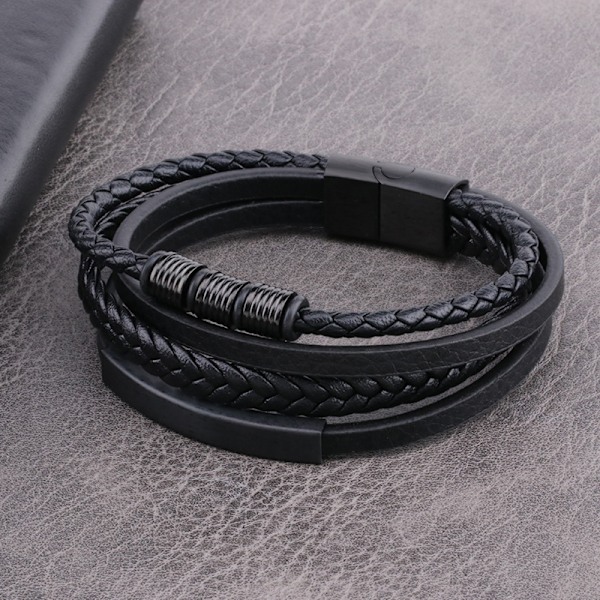 Punk Flerlagers vävt rostfritt stål Läderrep Armband 22 cm 22 cm