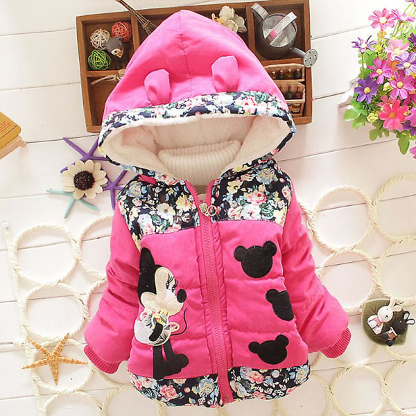 Barn Jenter Minnie Mouse Fleeceforet pufferjakke Hette med glidelås frakk Varm CMK Rose Red 2-3 Years