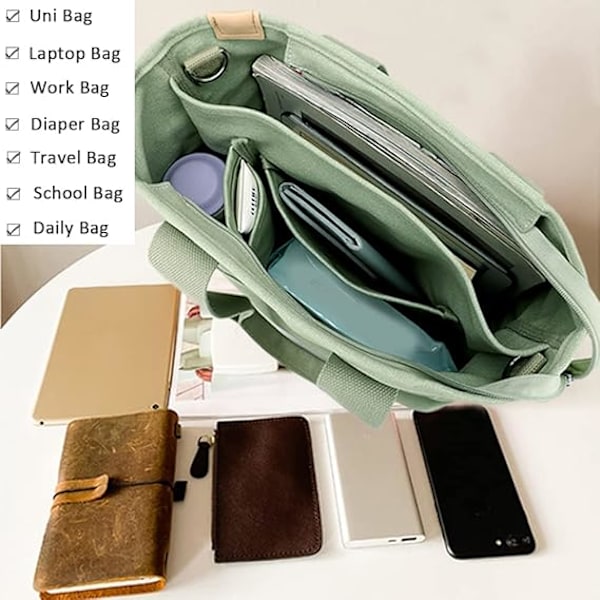 Multi-Pocket Tote Bag med dragkedja, Canvas Handgjord Handväska med fack, Multifunktion Satchels Bag för kvinnor Damer Univisity Skola Arbete Resor Black - Medium