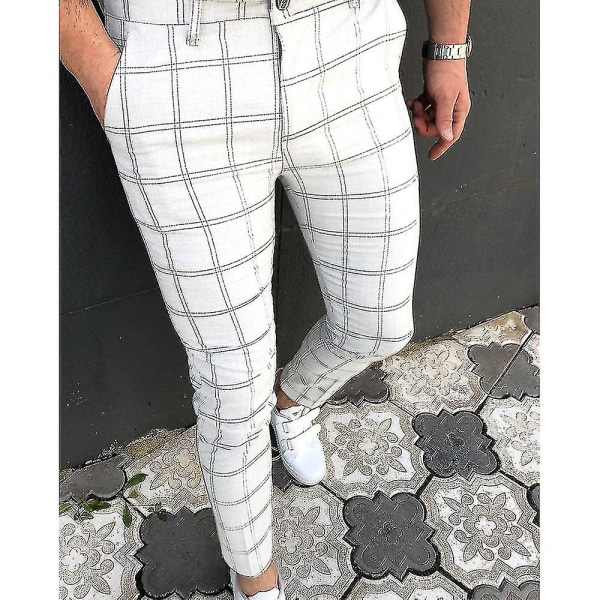 Men Check Plaid Chino Work Pants Casual Business Formal Skinny Slim Fit Smart Trousers CMK White XL