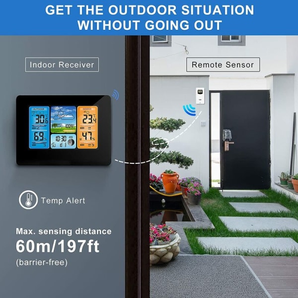 Trådløs værstasjon, temperaturbarometer Digital innendørs utendørs temperaturbarometer med utendørs vekkerklokke med barometrisk trykk (svart)
