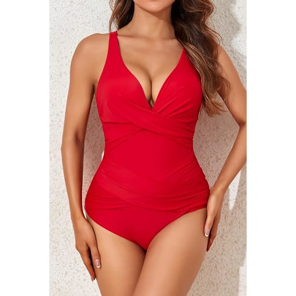 Badedragt til kvinder med mavekontrol, slankende heldragt, retro rynket push-up, polstret vintage rød Red XL