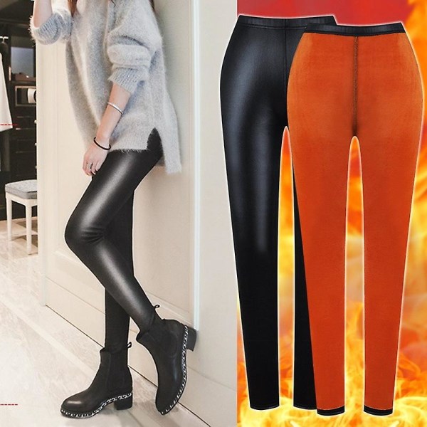 Dame Læder Varme Leggings Vinter Sexet Højtalje Slank Strømpebukser Nylon Tight Kvinde Elastisk Uldsok Bukser Termisk Legging CMK Brown-Thick velvet XL