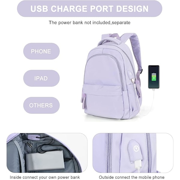 Kannettavan tietokoneen reppu, vedenpitävä kannettavan tietokoneen reppu 19 tuuman koululaukku USB-latauksella purple