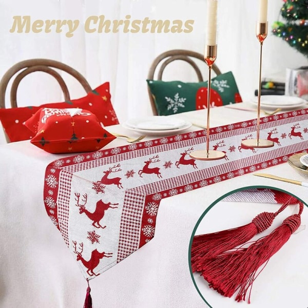 Julebordløper 35x170cm duk Hvit rød elgmønster Linstoff Julefestpynt til spisestue kjøkken