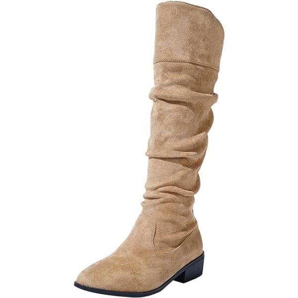 【Tricor-butikk】 Imitert semsket skinn, bred leggkne, høy lav blokkhæl, påtrekkbare cowboystøvler med spiss tå Khaki 39