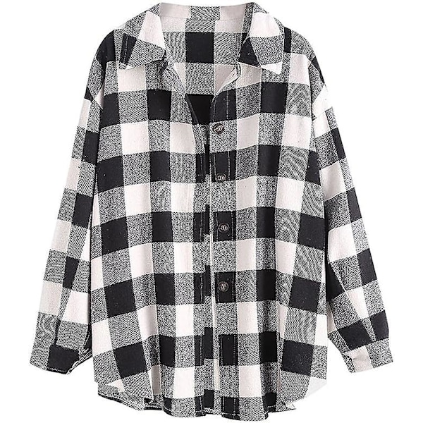 Rutete langermet skjorte dame Button Down ullblanding tynn jakke Casual blusetopper med lomme Black and White Black and White M